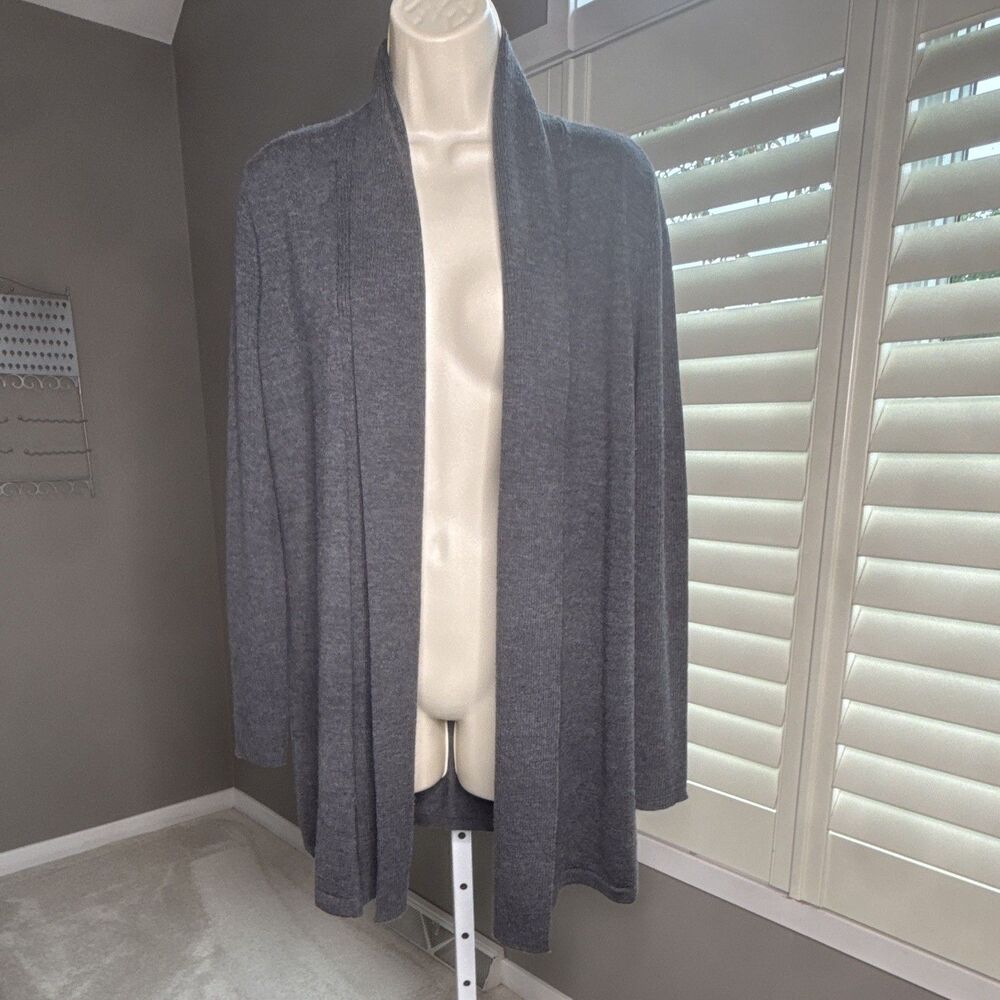 Kate Hill M Cardigan Sweater Gray Merino Wool Shawl Collar Open Front Rib Knit